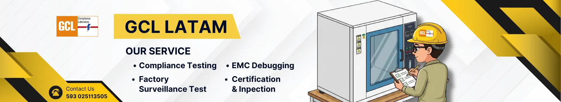 GCL LATAM service banner showing compliance testing, EMC debugging, factory surveillance, certification, and inspection beside an illustrated test chamber