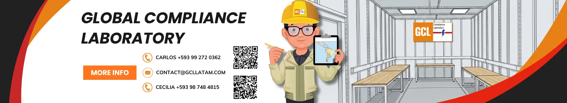 GCL LATAM contact banner with an illustrated technician and a laboratory test chamber